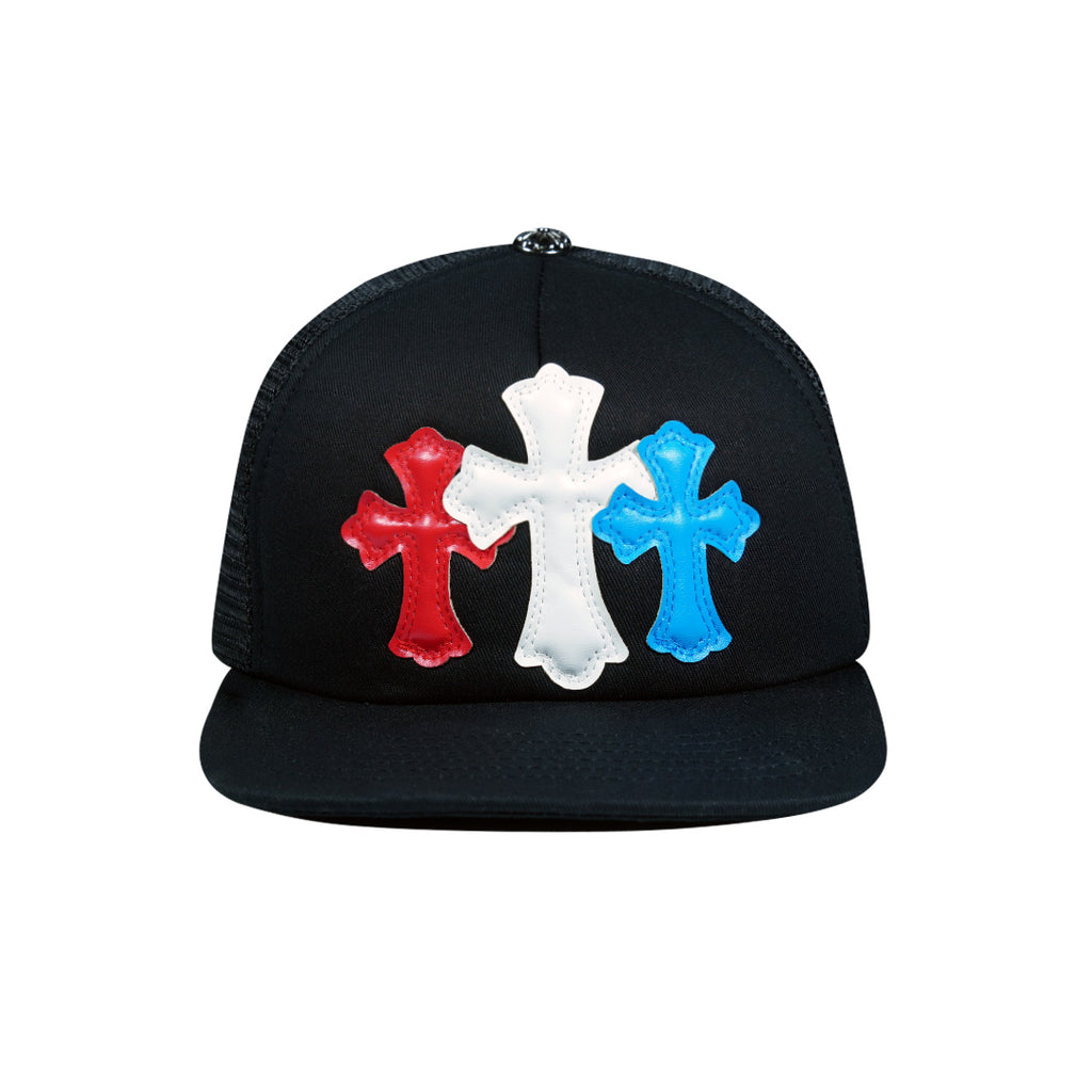 Chrome Hearts Cemetery Cross Leather Stitched Trucker Hat.