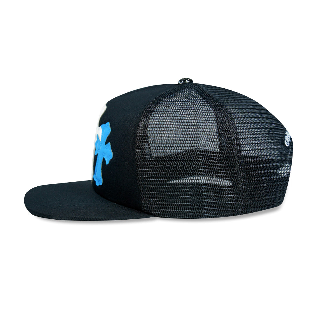 Chrome Hearts Cemetery Cross Leather Stitched Trucker Hat.