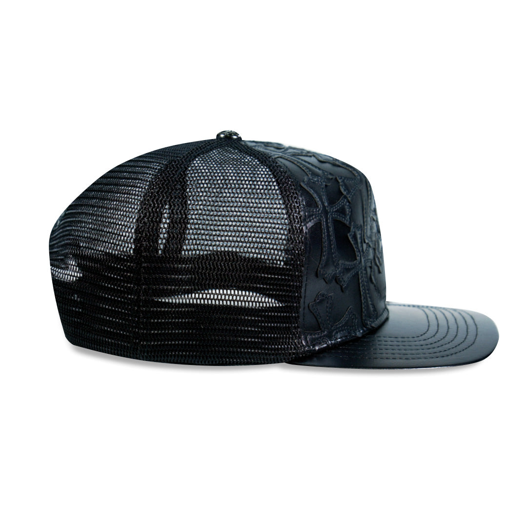 Chrome Hearts Cemetery Cross Leather Stitched Trucker Hat