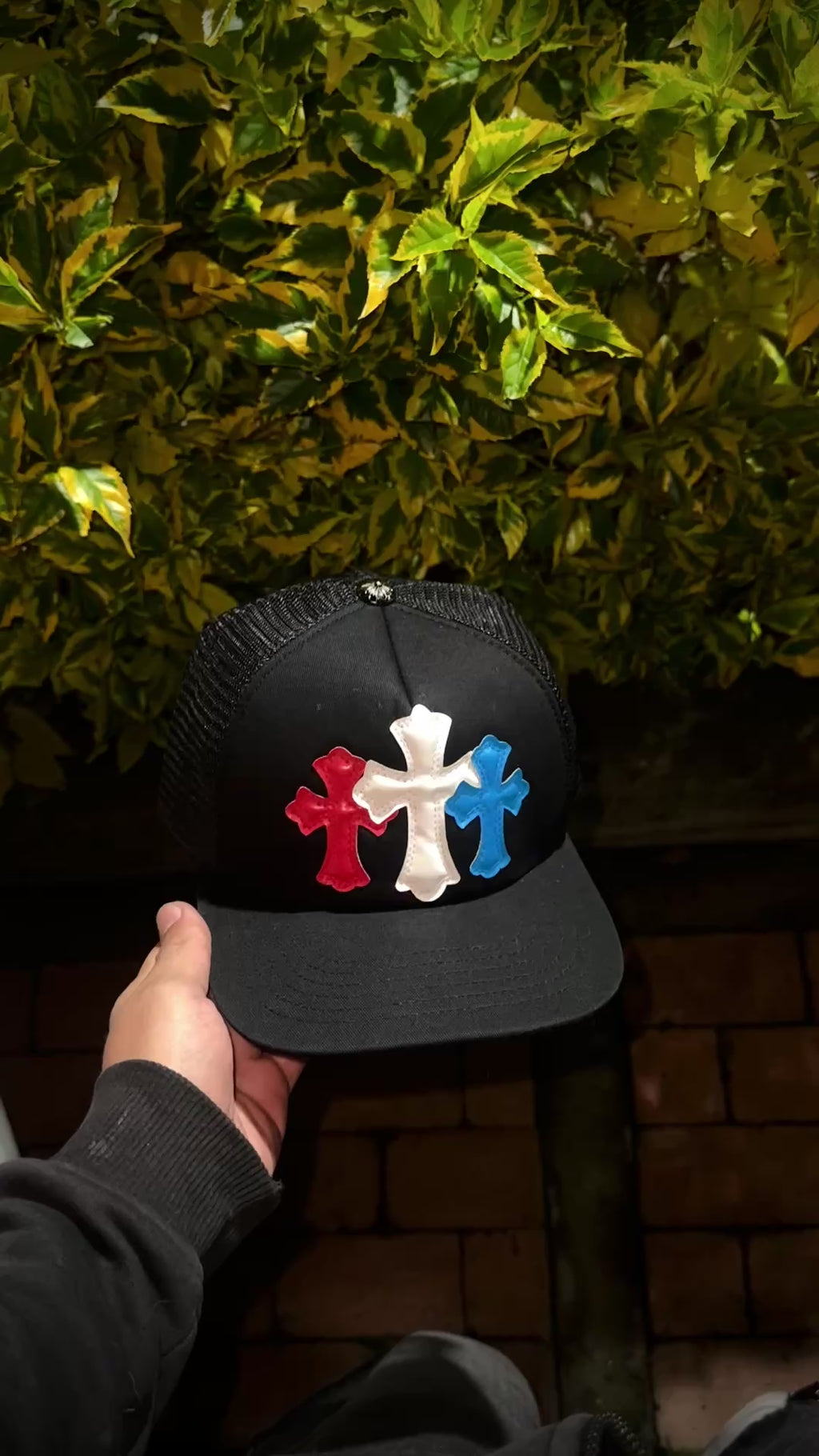 Chrome Hearts Cemetery Cross Leather Stitched Trucker Hat.
