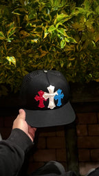 Chrome Hearts Cemetery Cross Leather Stitched Trucker Hat.